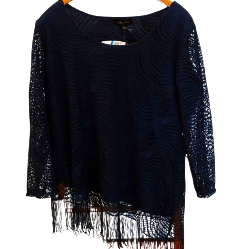 Melissa Paige Asymmetrical Fringed Navy Blue Tunic Top XL NWT